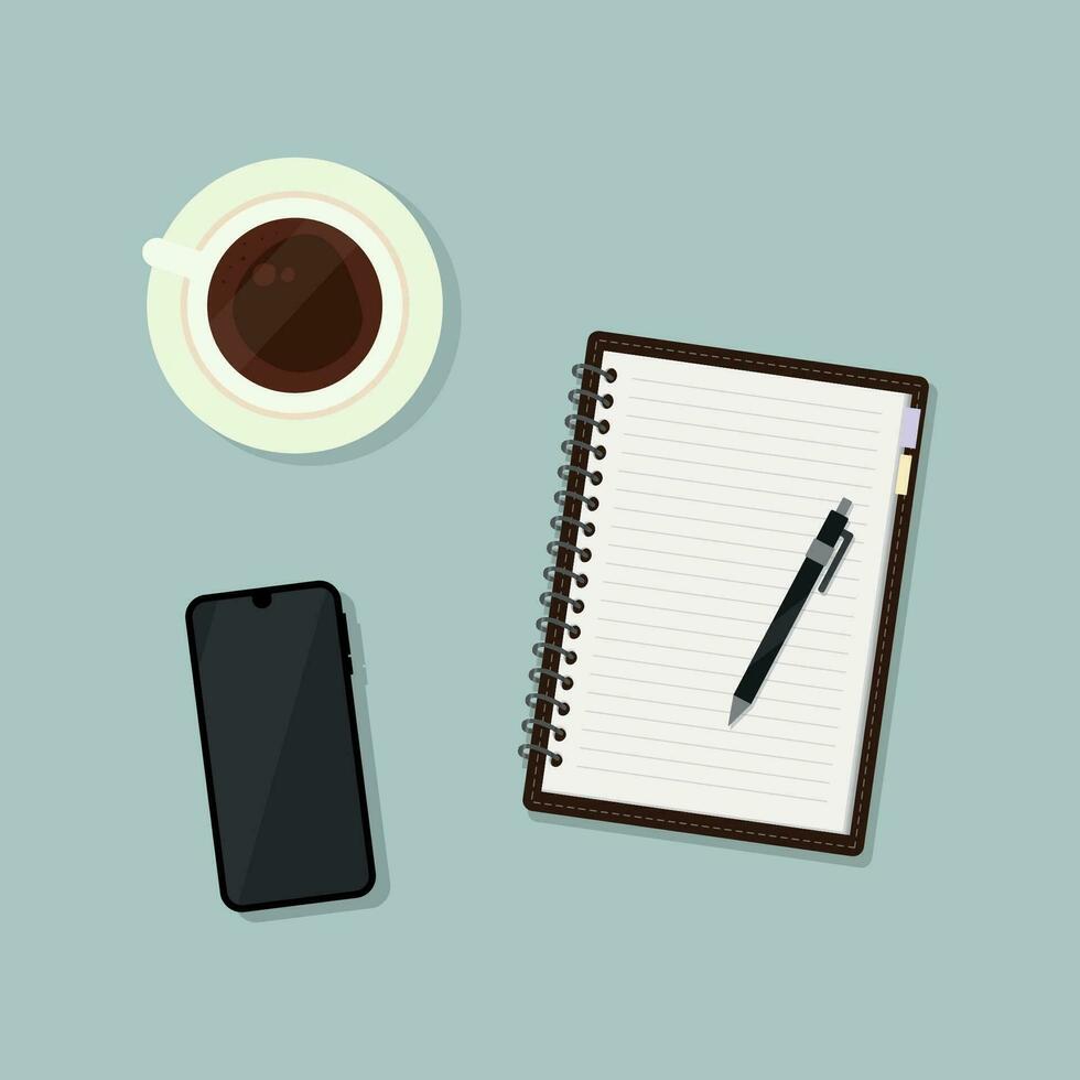 lieu de travail. tasse de café, téléphone, et carnet avec stylo mensonge sur le tableau. vecteur