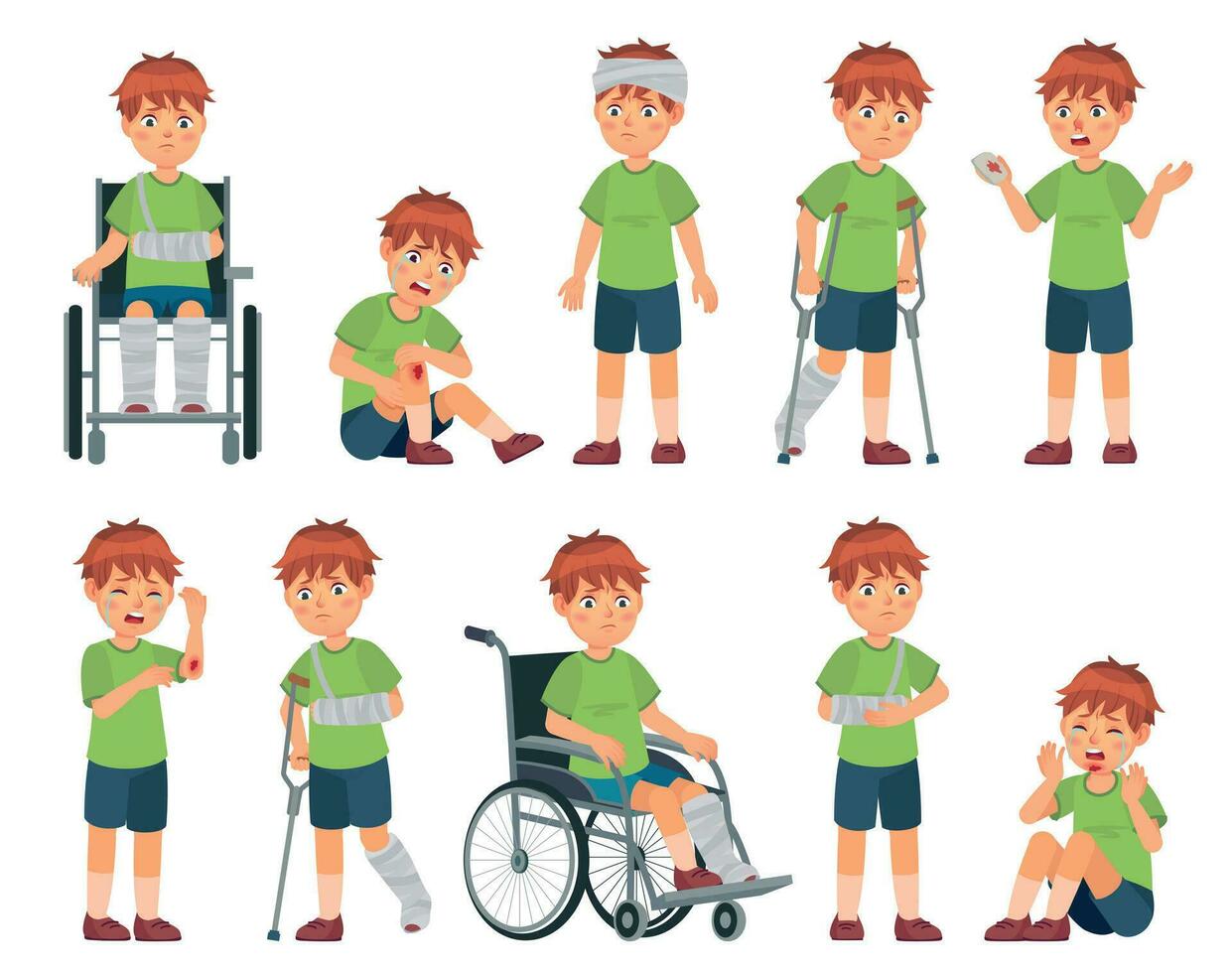 enfant avec blessure. garçon meurtri main, cassé jambe et bras. blessures diriger, sport blessures et fauteuil roulant vecteur dessin animé illustration ensemble