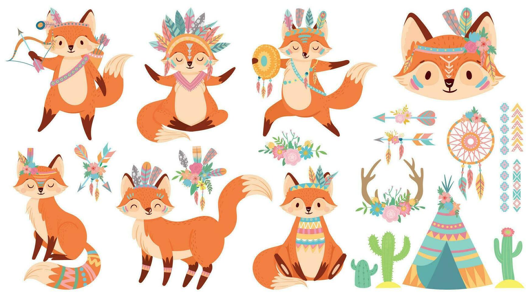 tribal Renard. mignonne renards, Indien plume bonnet de guerre et sauvage animal dessin animé vecteur illustration ensemble