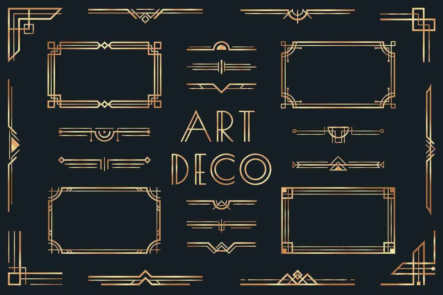 d'or art déco éléments. ornemental cadre, rétro Années 1920 diviseur frontière et décoratif or coin vecteur ensemble