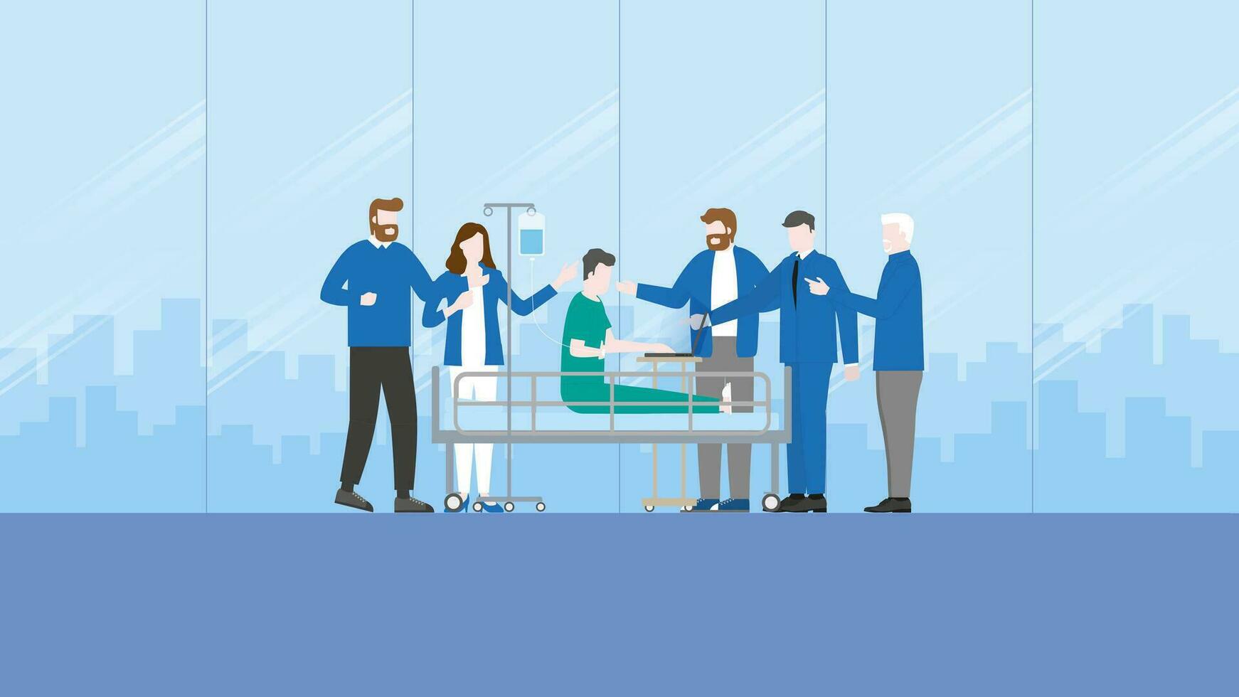 client et patron attribuer Tâches à une malade employé patient, en utilisant une portable sur une hôpital lit vecteur