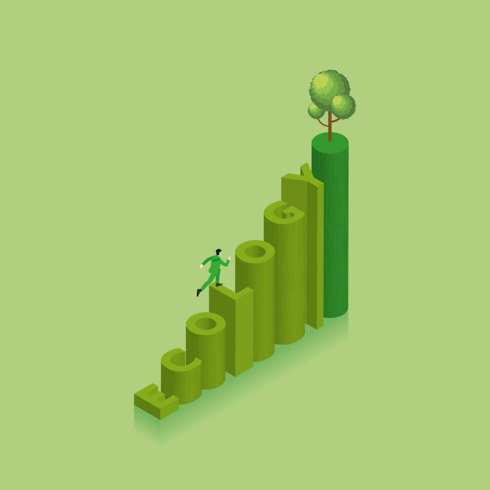 une homme court et pas en haut une escalier texte mot écologie avec une arbre sur Haut. isométrique vecteur illustration.