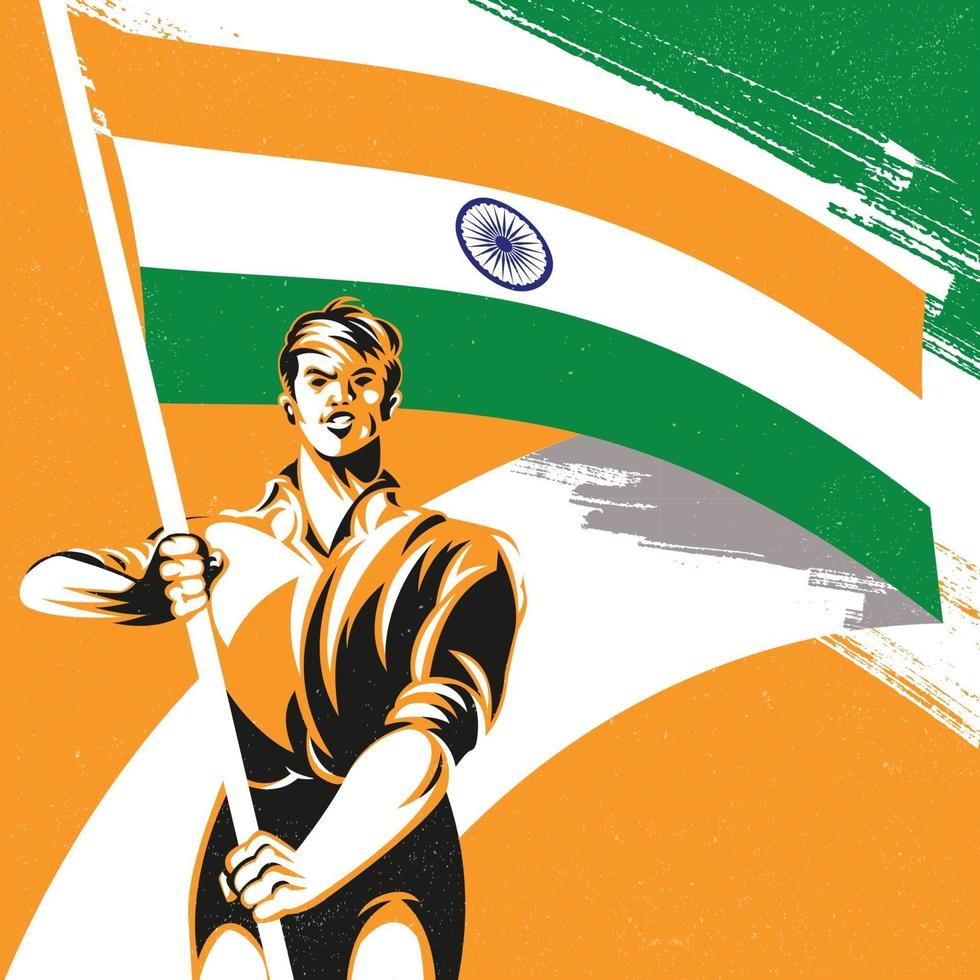 homme tenant un drapeau indien avec fierté vector illustration