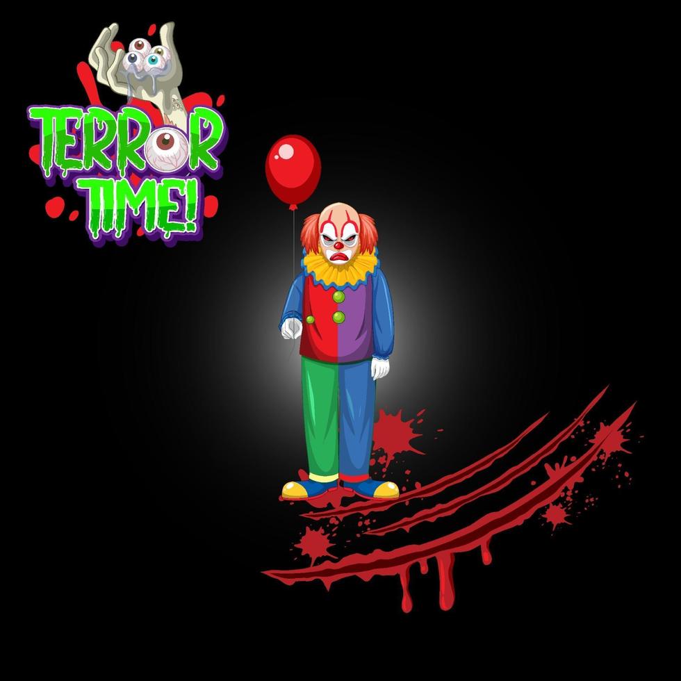 logo de temps d'horreur avec un clown effrayant vecteur