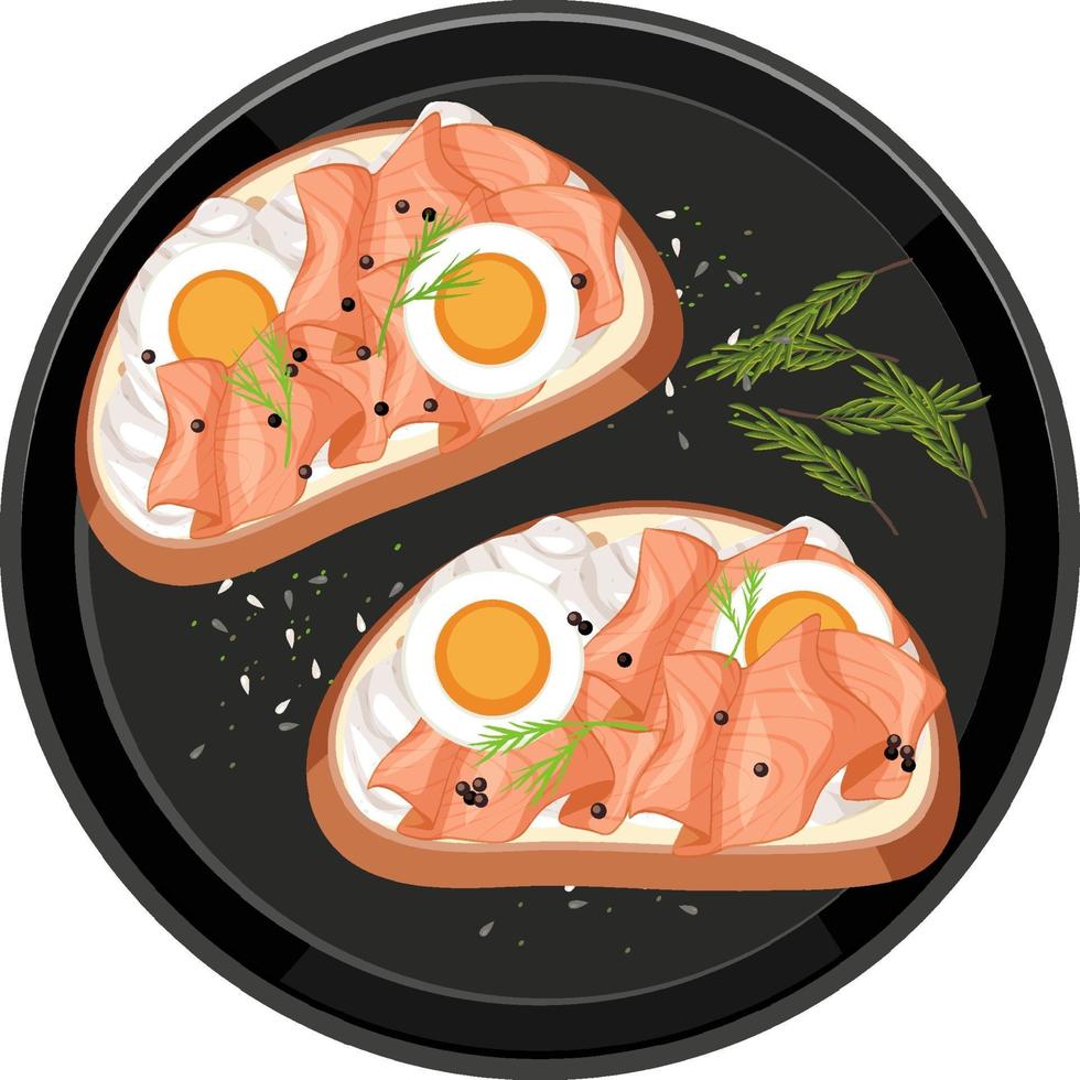 Bruschetta au saumon fumé avec garniture aux œufs sur une assiette ronde isolée vecteur