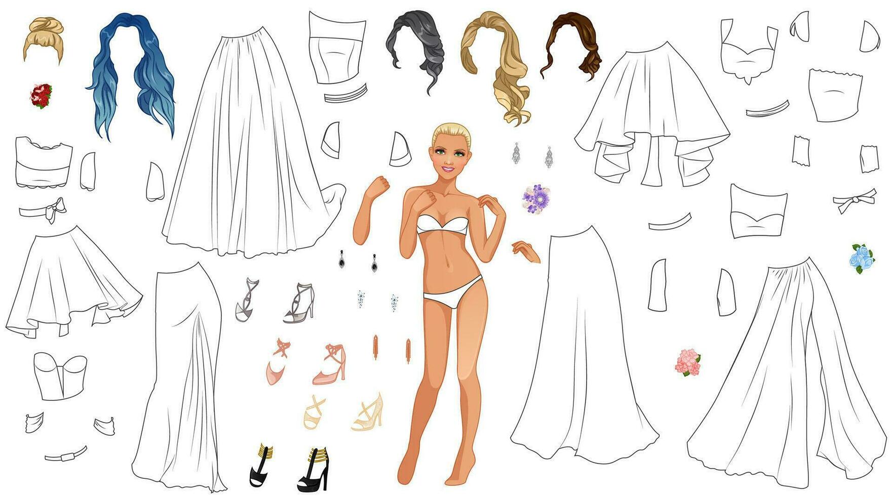bal de promo mode coloration page papier poupée avec vêtements, coiffures et accessoires. vecteur illustration