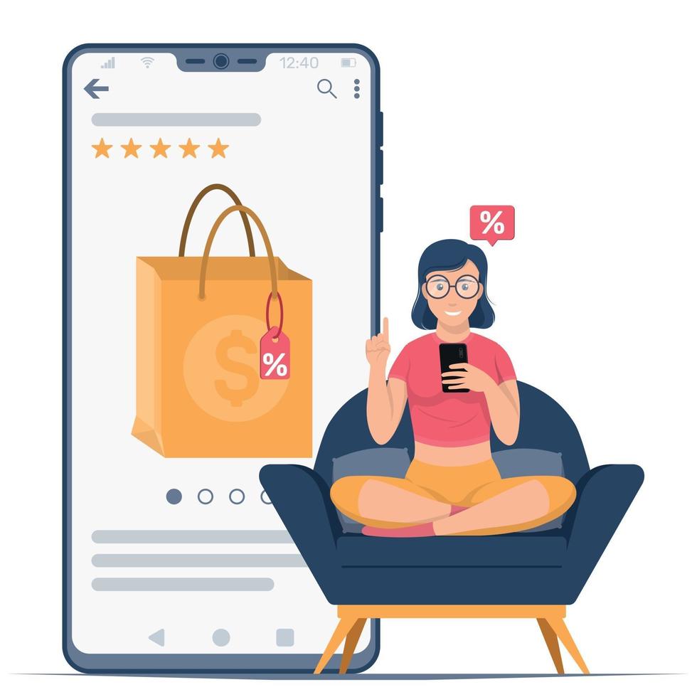 femme avec mobile faisant des achats sur internet vecteur