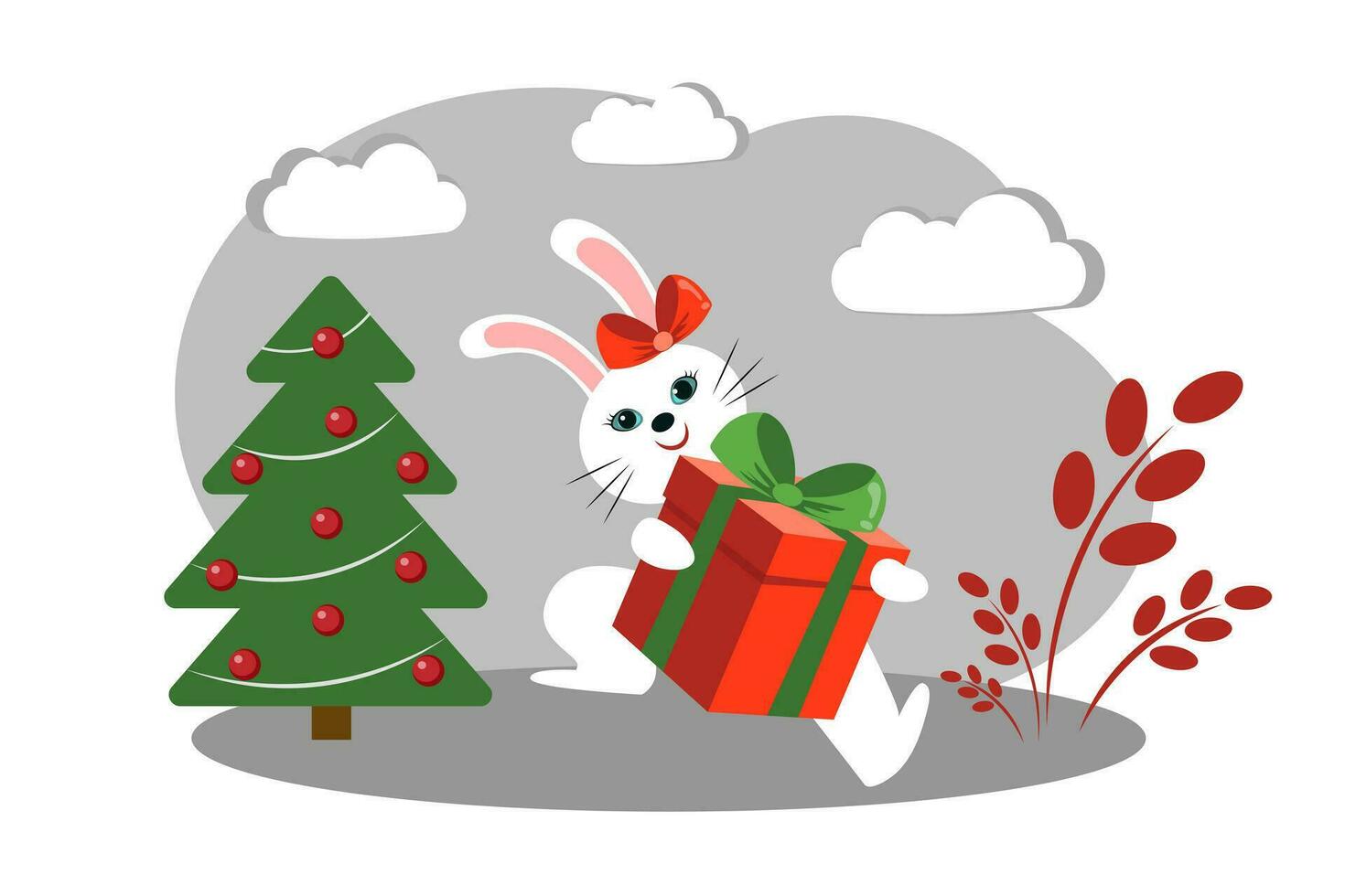 une blanc lapin court avec une cadeau dans le sien mains. Noël arbre avec rouge des balles. joyeux Noël et content Nouveau année vecteur