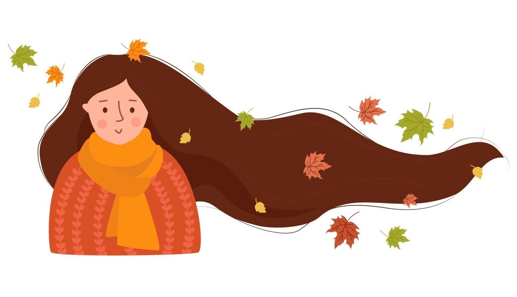 fille avec écharpe et pull aux cheveux longs avec des feuilles d'automne vecteur