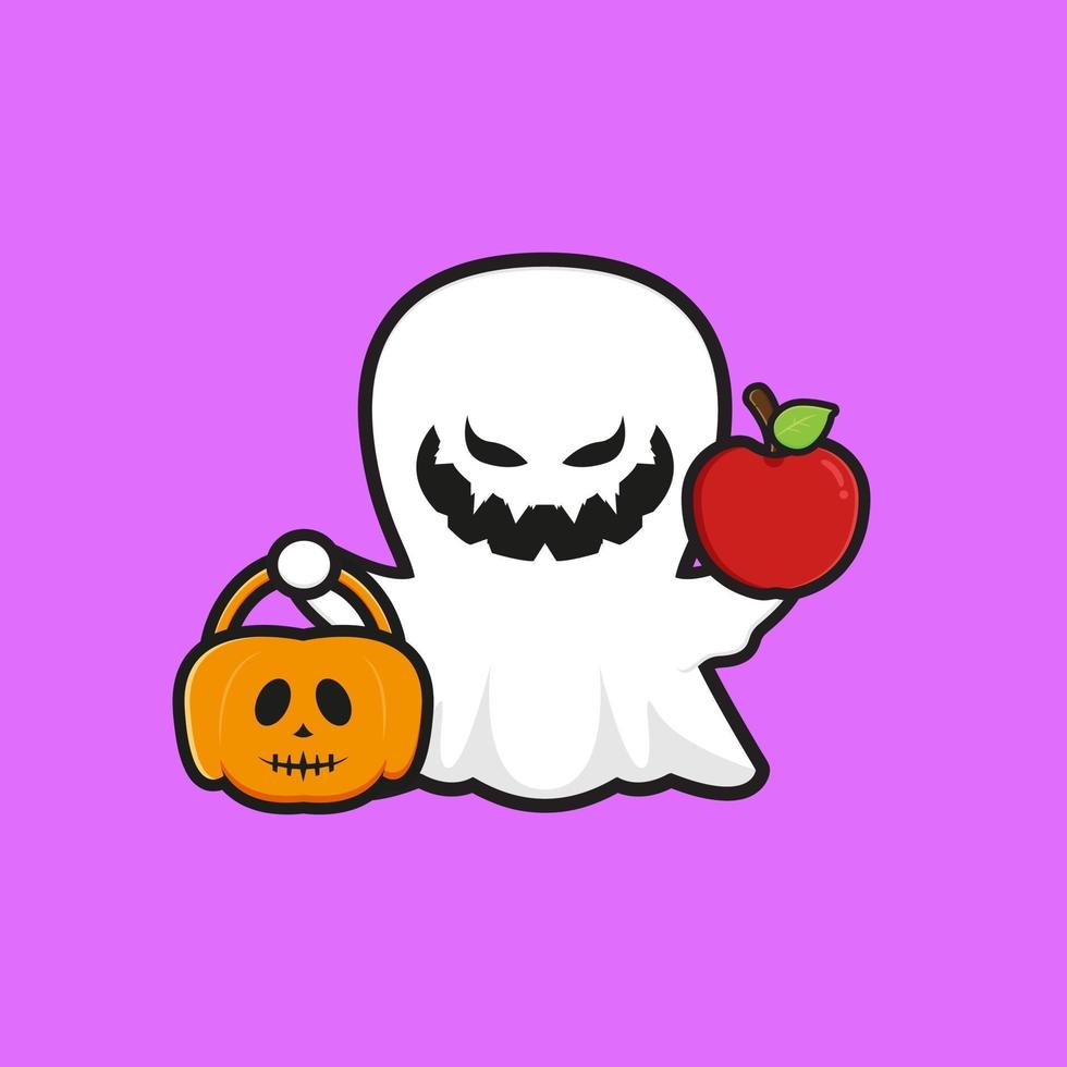 fantôme mignon tenant une pomme avec une illustration de dessin animé halloween citrouille vecteur
