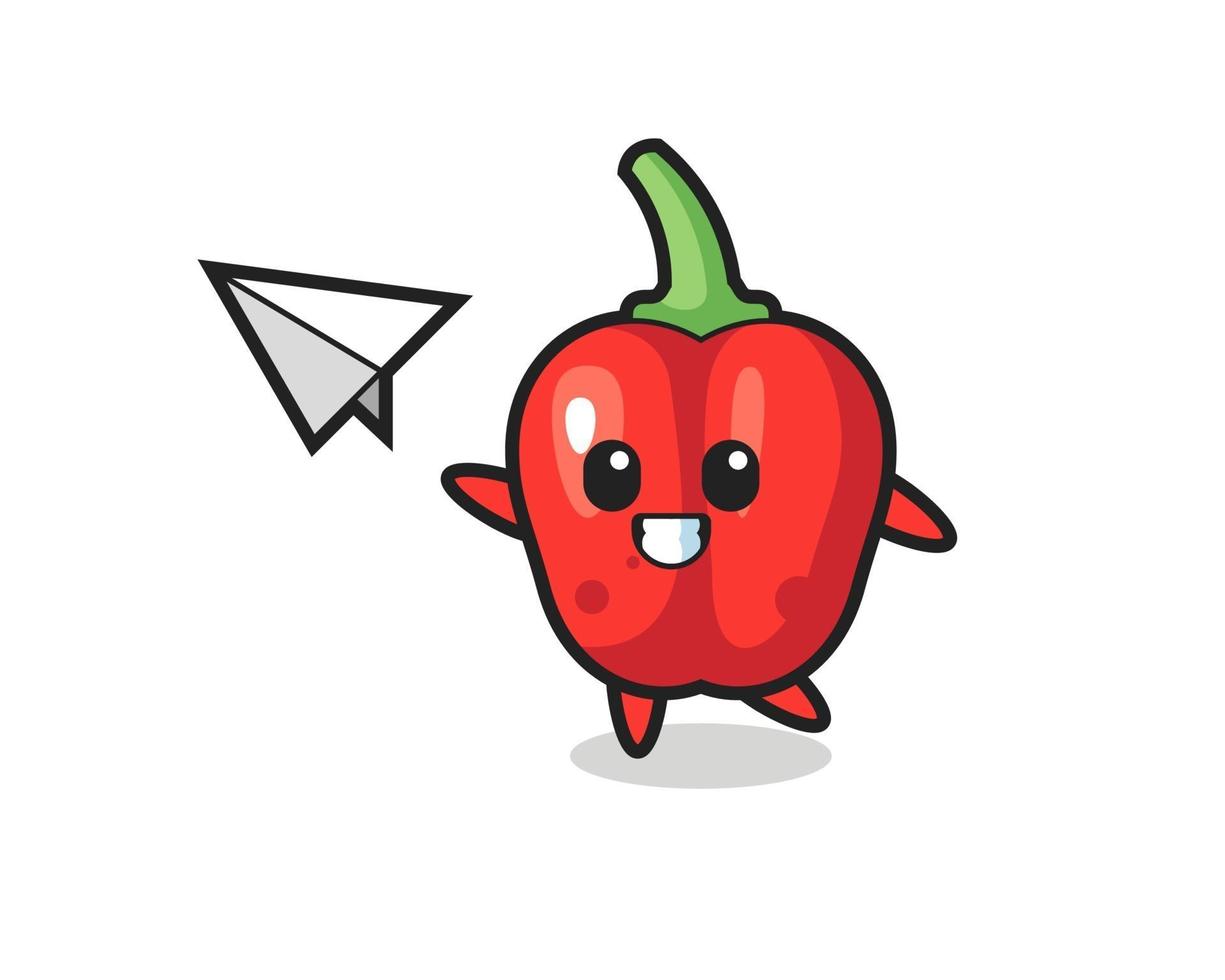 personnage de dessin animé de poivron rouge jetant un avion en papier vecteur