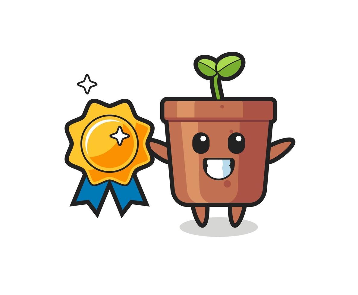 illustration de mascotte de pot de plante tenant un badge doré vecteur