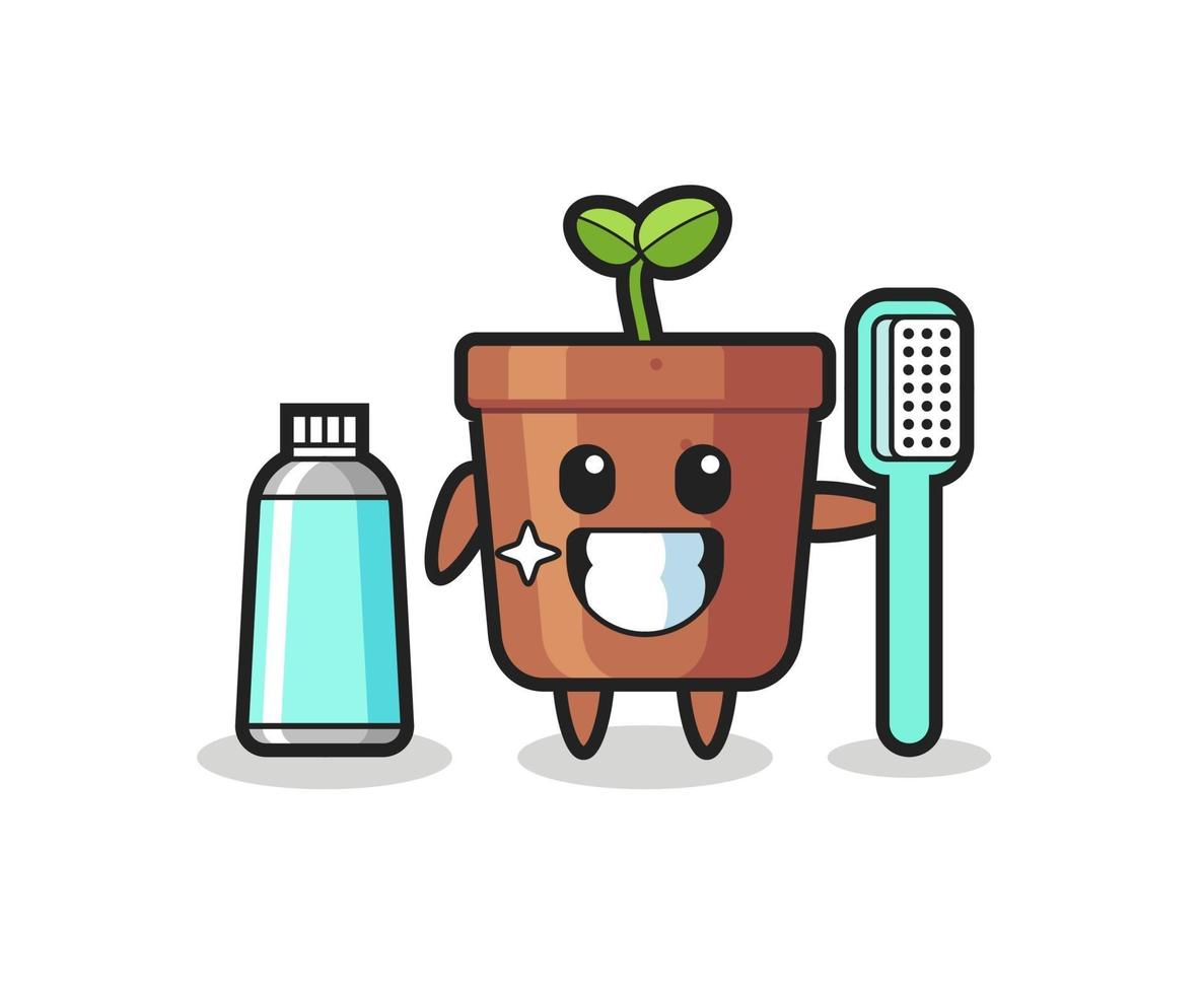 mascotte, illustration, de, pot plante, à, a, brosse à dents vecteur