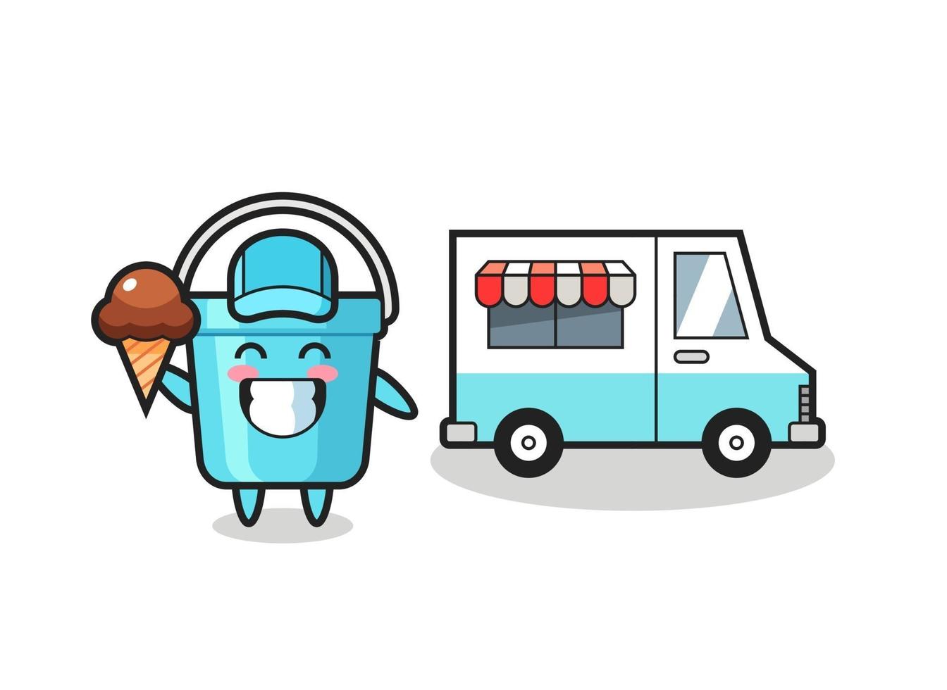 caricature de mascotte de seau en plastique avec camion de crème glacée vecteur