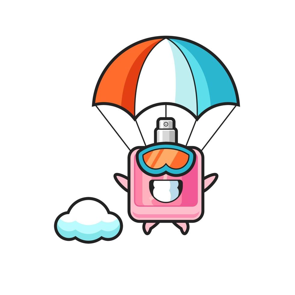 le dessin animé de mascotte de parfum saute en parachute avec un geste heureux vecteur