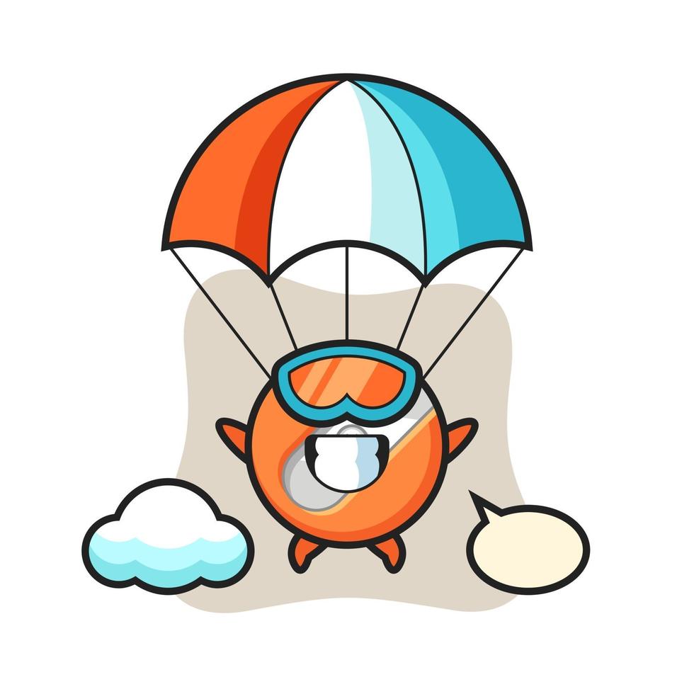 Le dessin animé de mascotte de taille-crayon saute en parachute avec un geste heureux vecteur