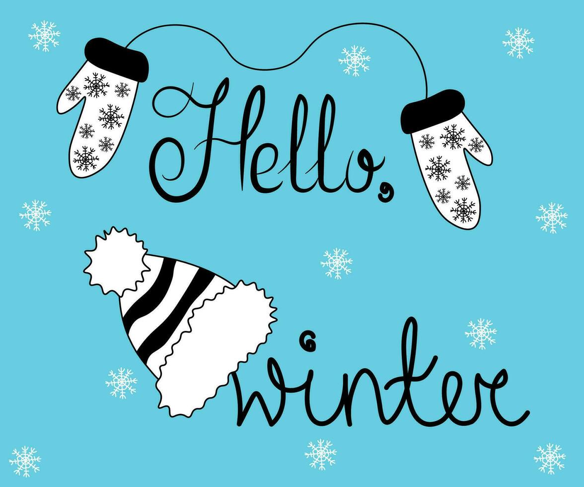 chaud Mitaines, gants bobble chapeau, griffonnage, un ligne et texte Bonjour hiver vecteur