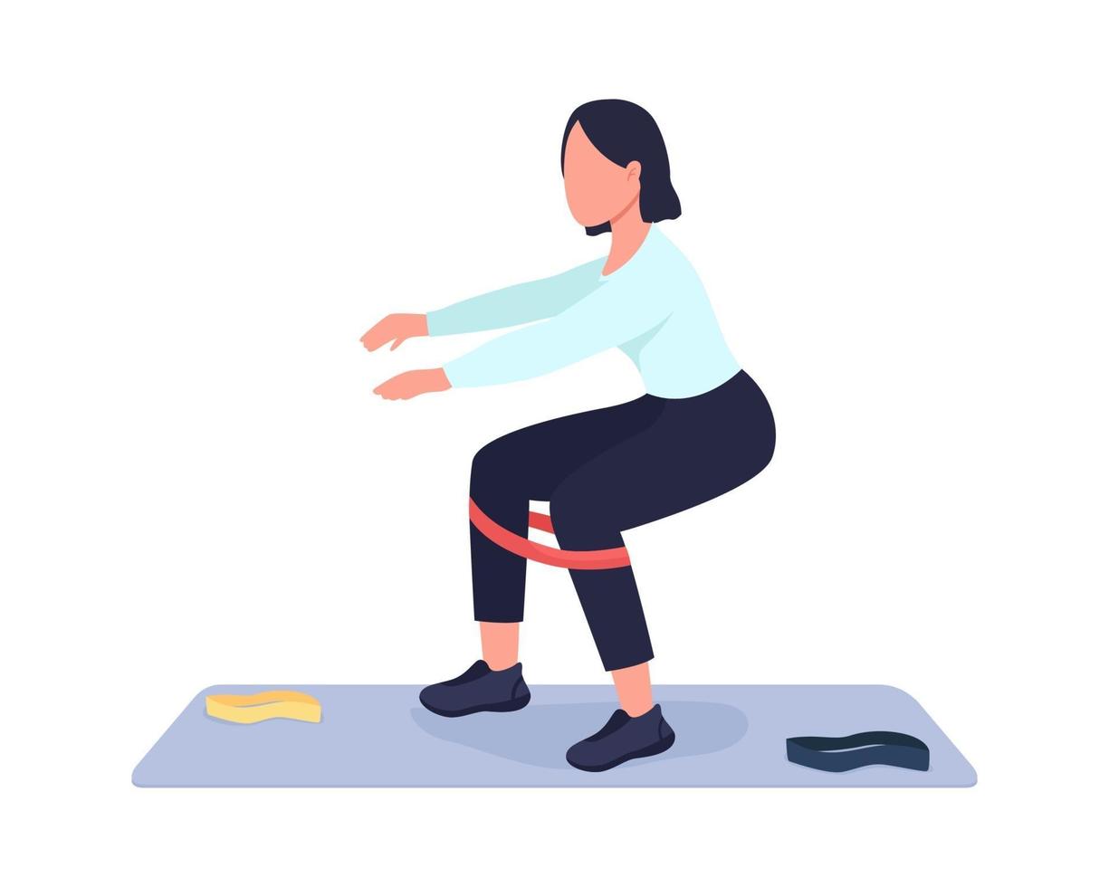 Femme faisant des exercices de squat caractère vectoriel couleur semi-plat