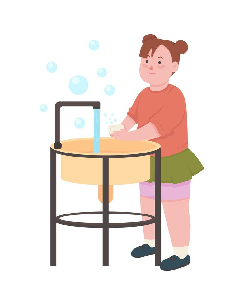 fille frottant du savon avec les mains caractère vectoriel de couleur semi-plat