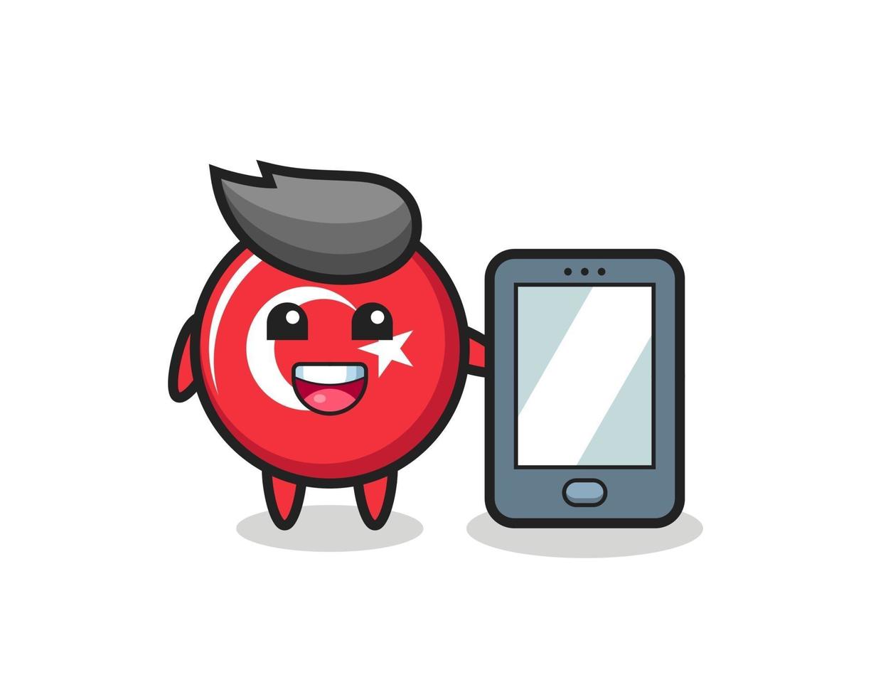 dessin animé d'illustration d'insigne de drapeau de turquie tenant un smartphone vecteur