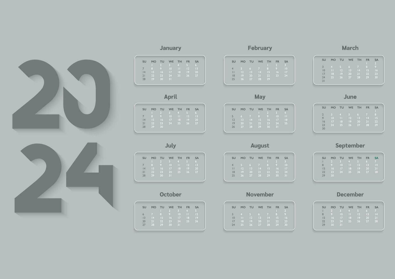 mensuel 2024 année calendrier modèle. mur ou bureau calendrier dans une minimaliste style. la semaine départs sur dimanche. a3 format. vecteur