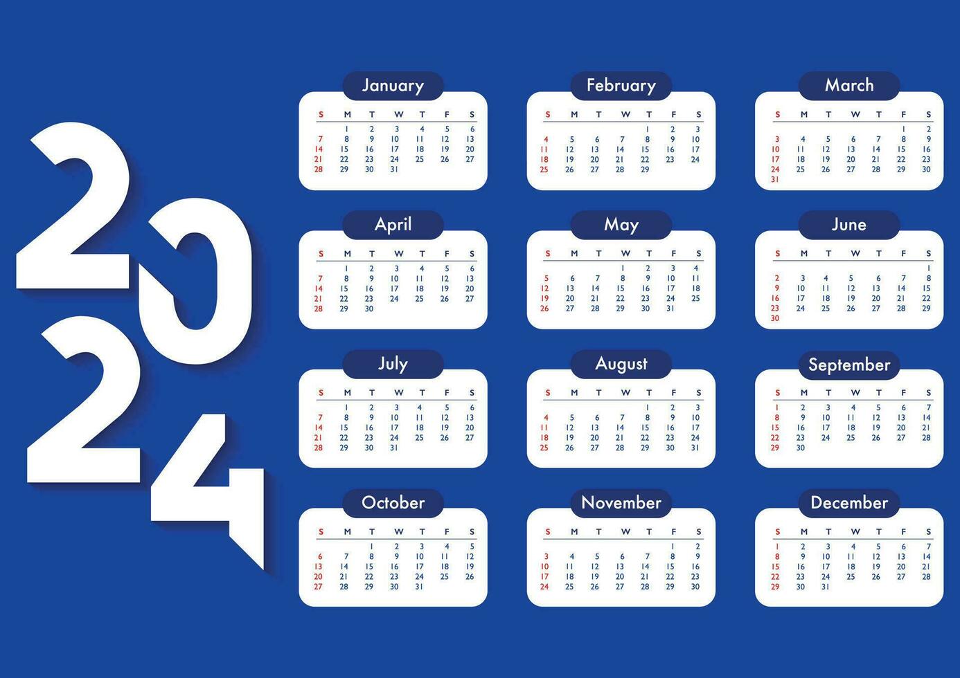 calendrier 2024 dans minimalisme bleu style. la semaine départs sur  dimanche. entreprise brillant coloré a3 format mur calandre disposition  avec 12 mois. vecteur 32648474 Art vectoriel chez Vecteezy