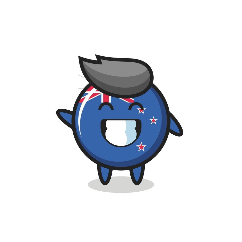personnage de dessin animé d'insigne de drapeau de la nouvelle-zélande faisant un geste de la main d'onde vecteur