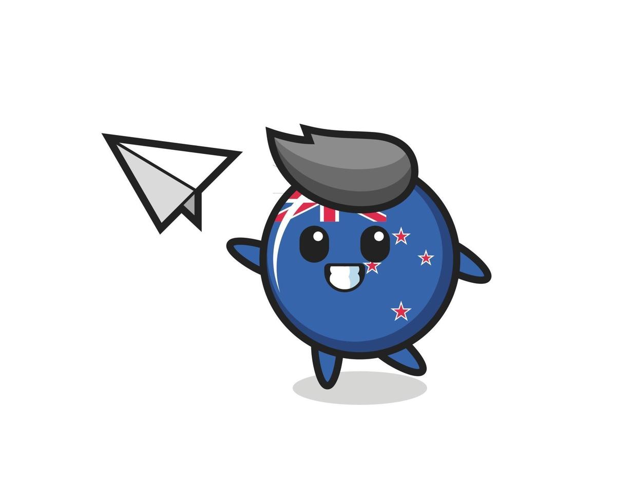personnage de dessin animé d'insigne de drapeau de la nouvelle-zélande jetant un avion en papier vecteur