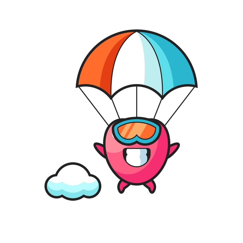 La bande dessinée de mascotte de symbole de coeur saute en parachute avec un geste heureux vecteur