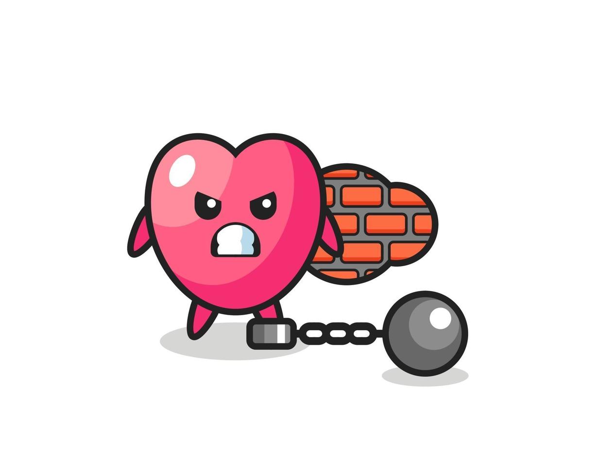 mascotte de caractère du symbole du coeur en tant que prisonnier vecteur