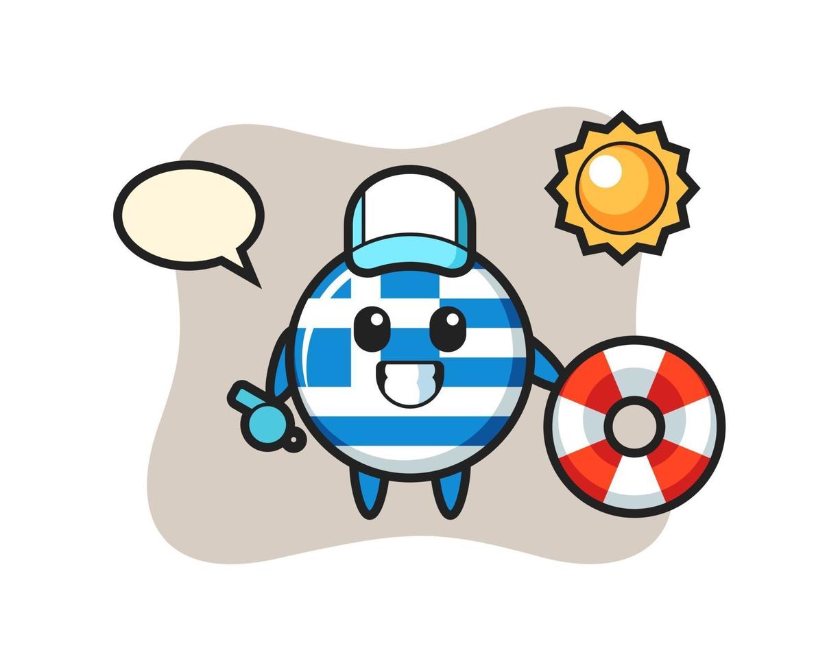 mascotte de dessin animé de l'insigne du drapeau de la grèce en tant que garde de plage vecteur