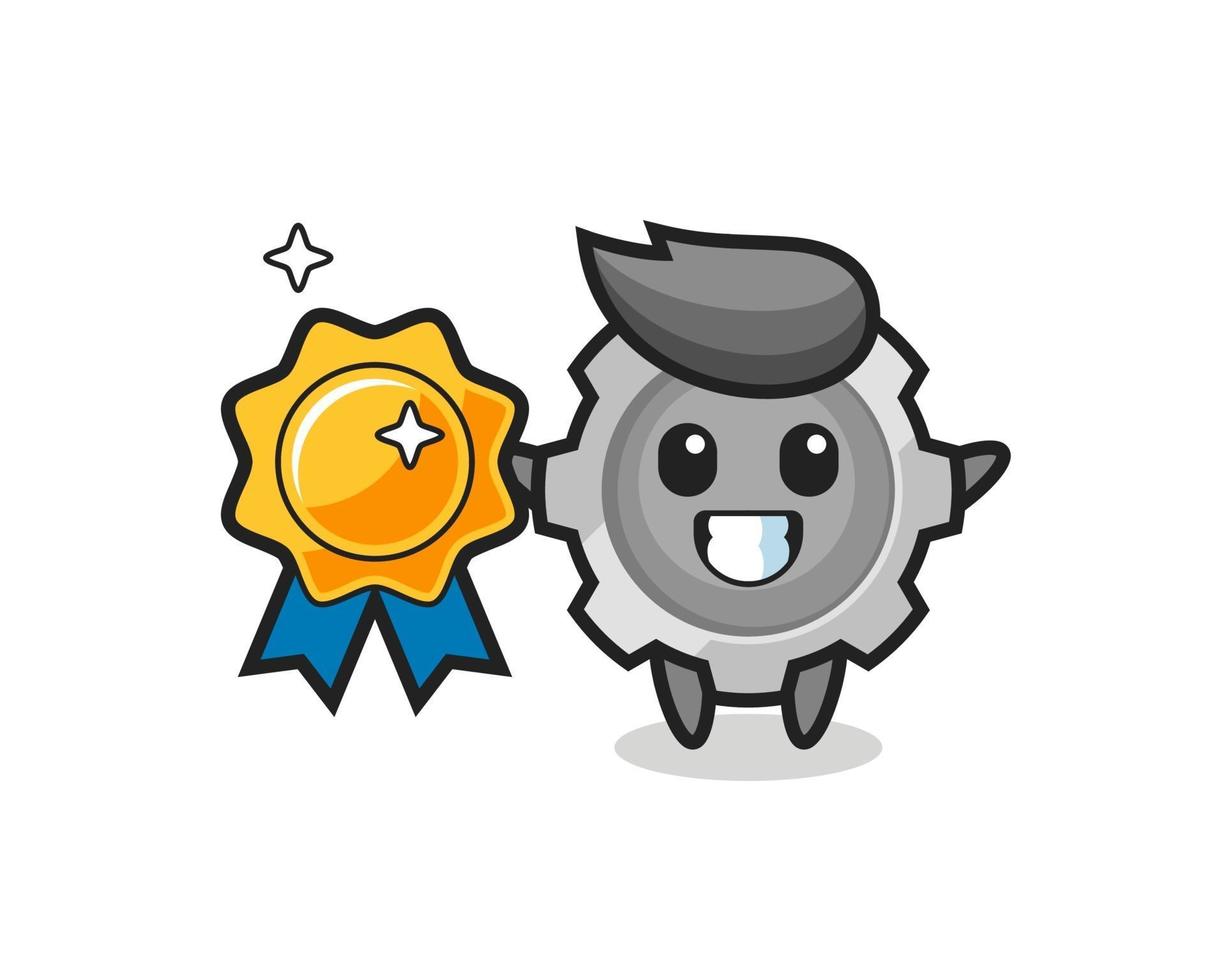 illustration de mascotte d'engrenage tenant un badge doré vecteur