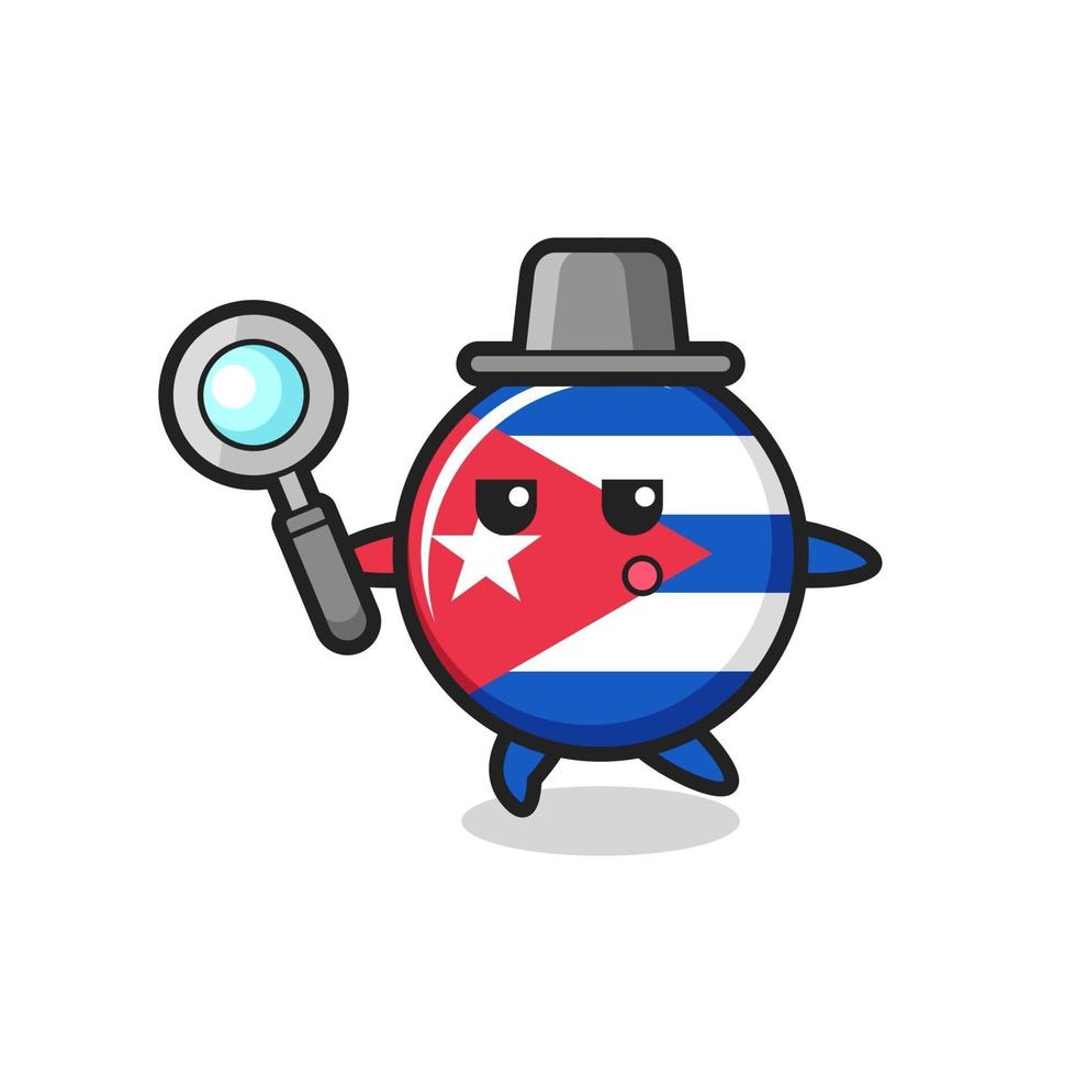 personnage de dessin animé d'insigne de drapeau de cuba recherchant avec une loupe vecteur