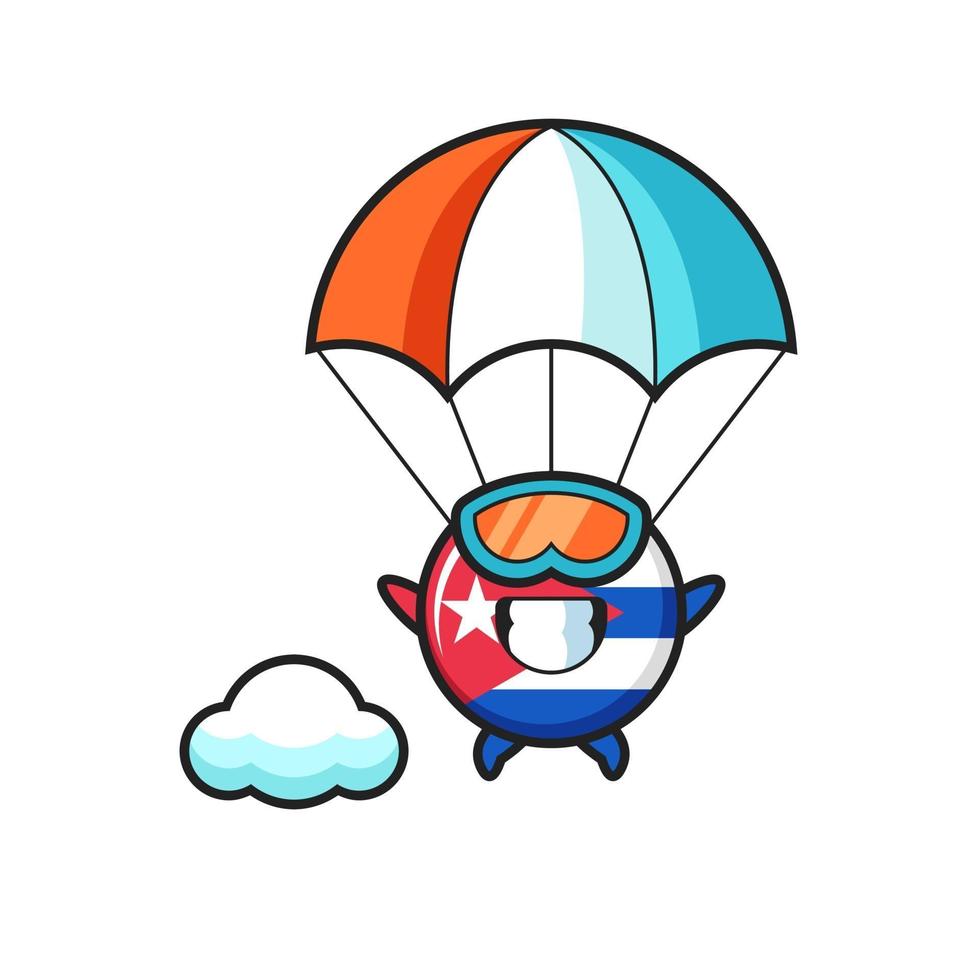 La bande dessinée de mascotte d'insigne de drapeau de cuba saute en parachute avec un geste heureux vecteur