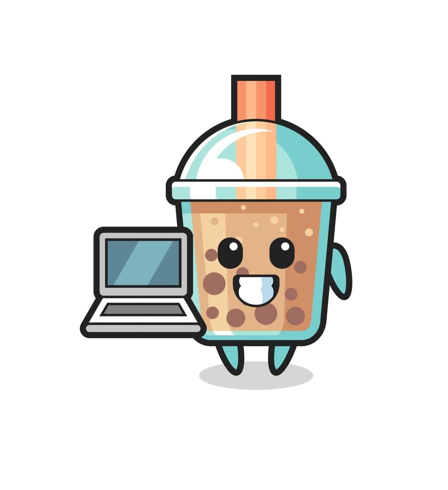 illustration de mascotte de thé à bulles avec un ordinateur portable vecteur