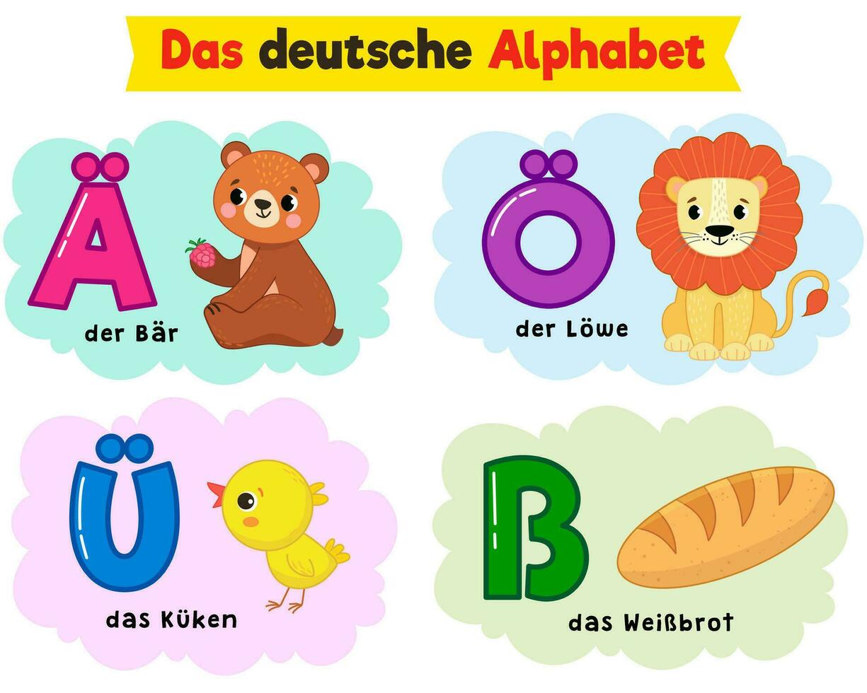 allemand alphabet. écrit dans allemand ours, lion, poulet, blanc pain vecteur