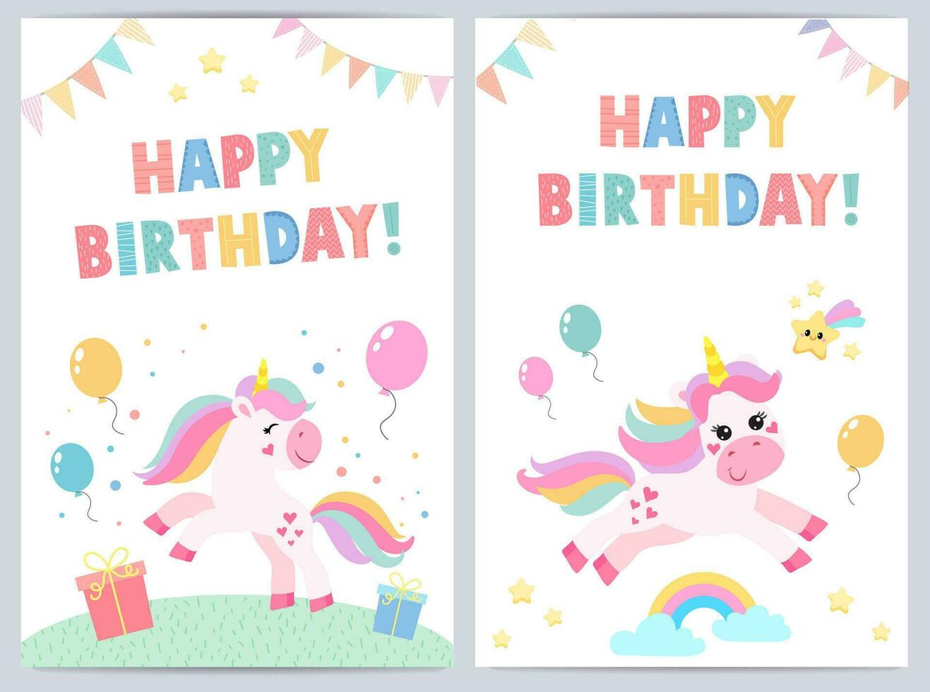 mignonne anniversaire cartes pour des gamins avec marrant Licorne. vecteur illustration