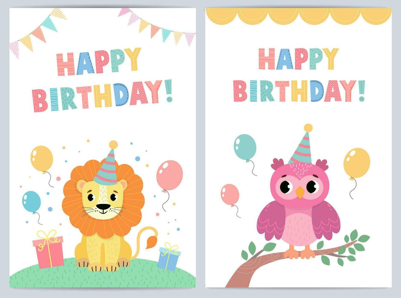 mignonne anniversaire cartes pour des gamins avec marrant animaux. vecteur illustration