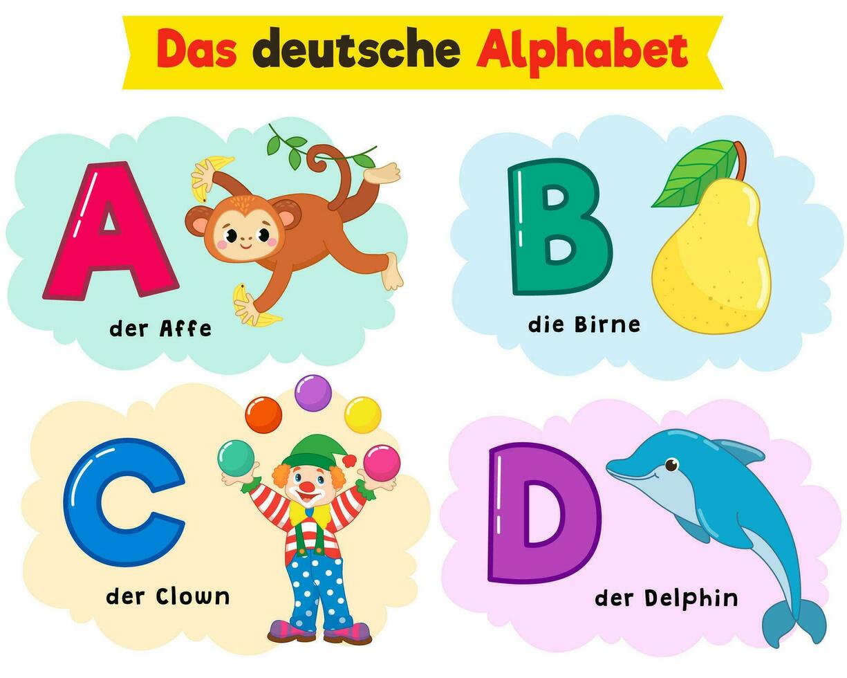 allemand alphabet. écrit dans allemand singe, poire, clown, dauphin vecteur