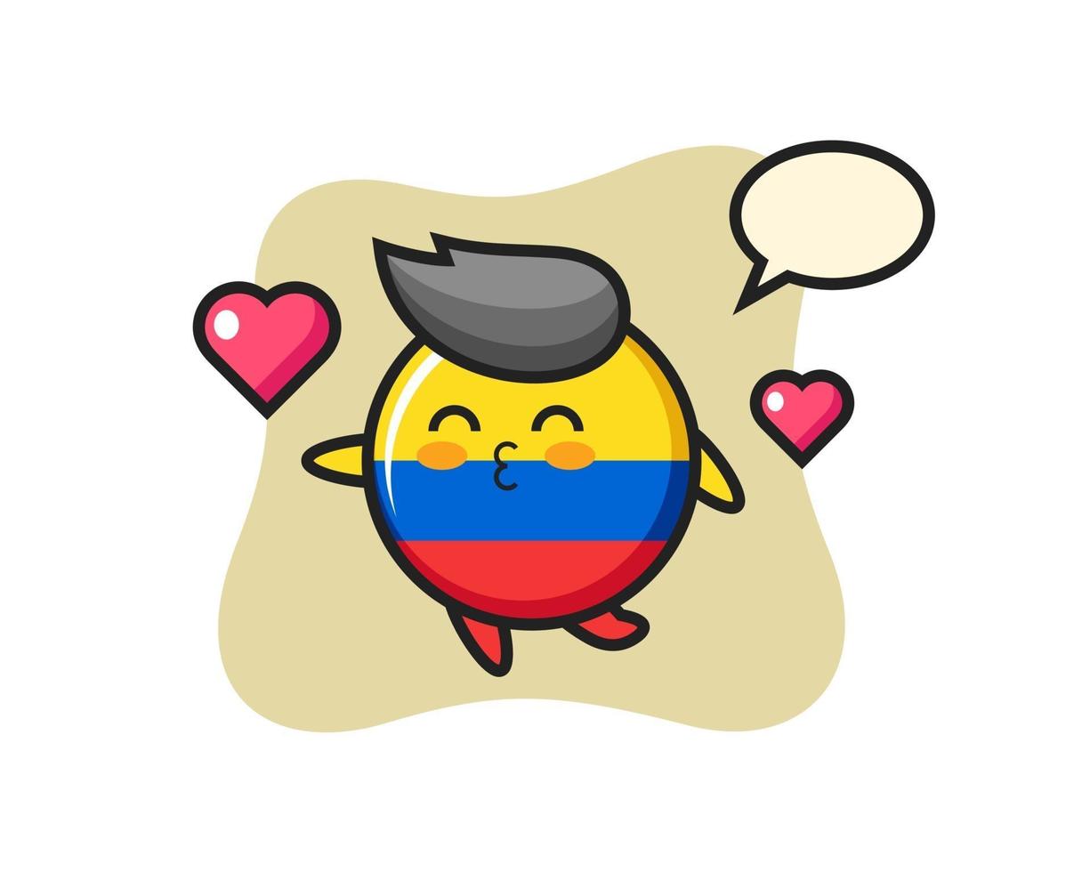 Caricature de caractère insigne drapeau colombie avec geste de baiser vecteur