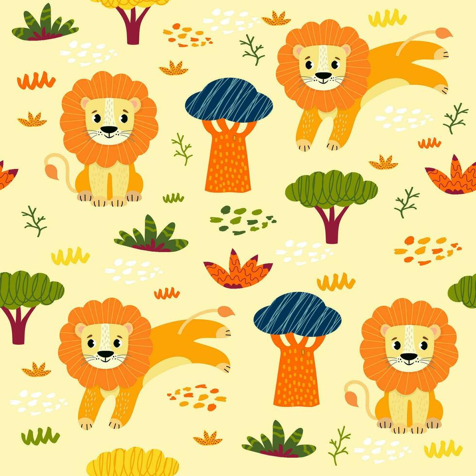 sans couture modèle avec africain animaux et les plantes dans une puéril dessin animé style. vecteur illustration. pour enfants textiles et décoration