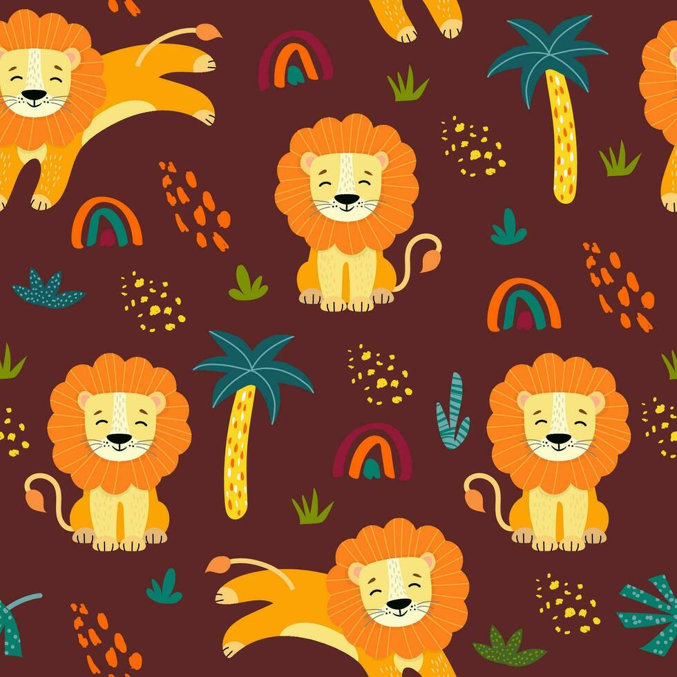 sans couture modèle avec africain animaux et les plantes dans une puéril dessin animé style. vecteur illustration. pour enfants textiles et décoration