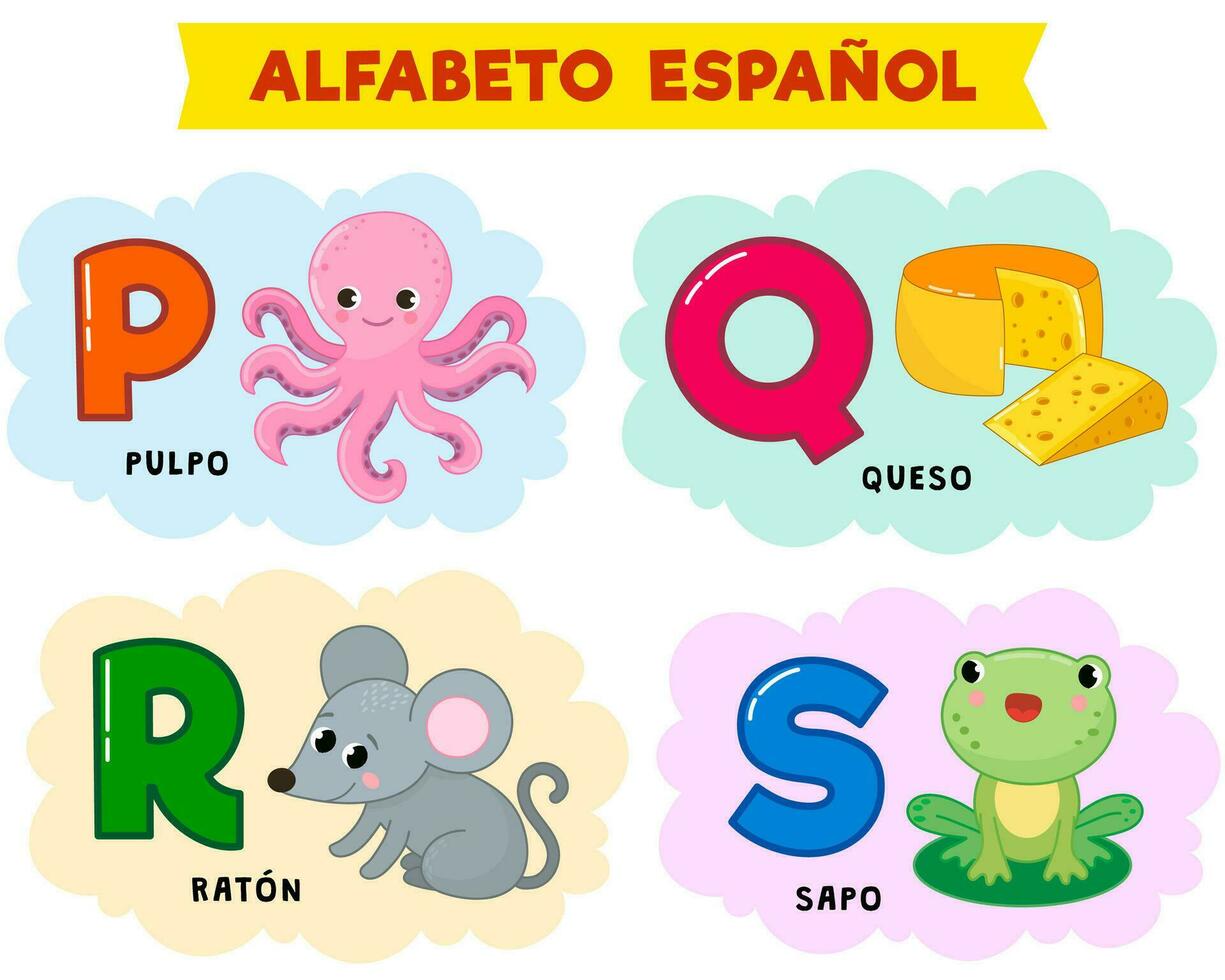 Espagnol alphabet. vecteur illustration. écrit dans Espagnol pieuvre, grenouille, souris, fromage