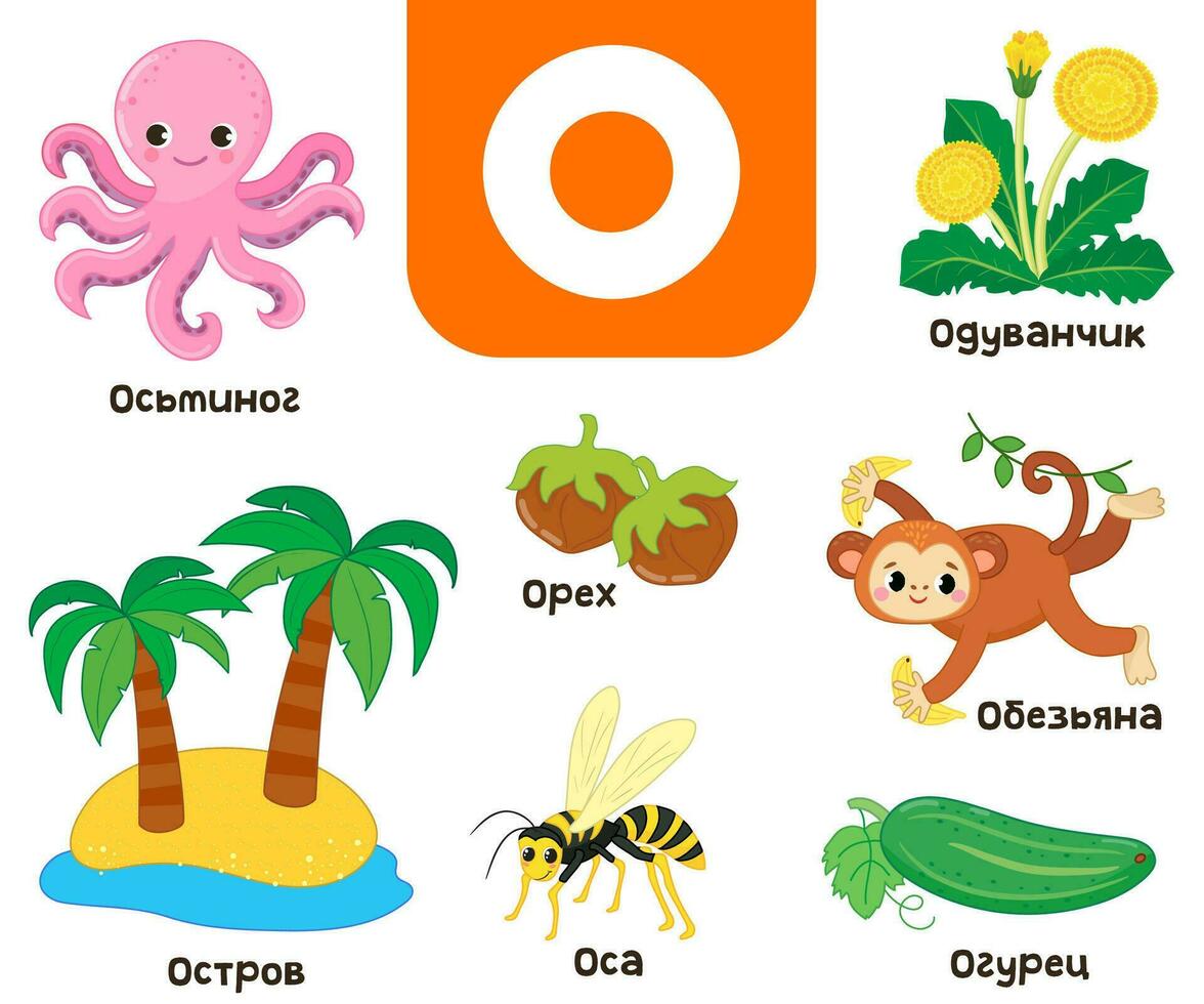 russe alphabet. écrit dans russe pieuvre, concombre, pissenlit, île, noyer, guêpe, singe vecteur