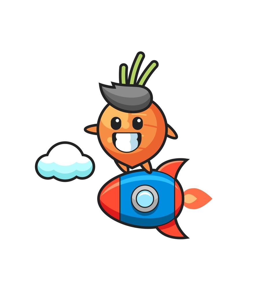 personnage mascotte de carotte chevauchant une fusée vecteur