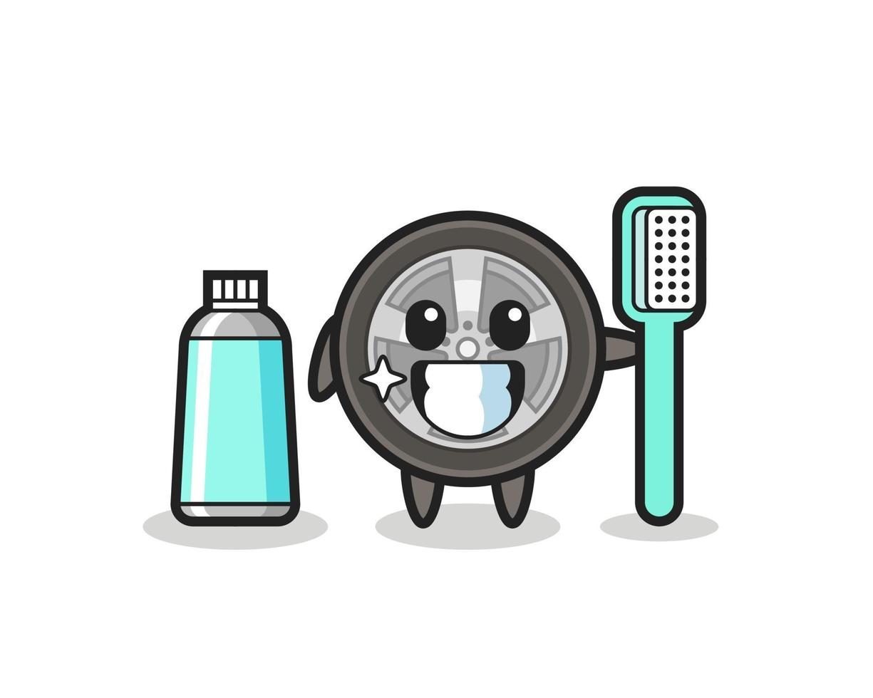 illustration de mascotte de roue de voiture avec une brosse à dents vecteur