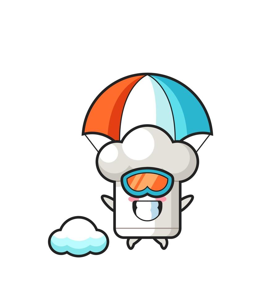 La bande dessinée de mascotte de chapeau de chef saute en parachute avec un geste heureux vecteur