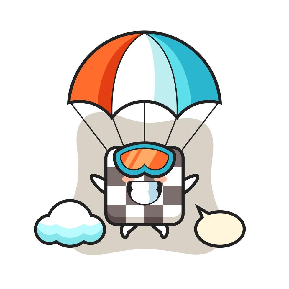 La caricature de la mascotte de l'échiquier saute en parachute avec un geste heureux vecteur