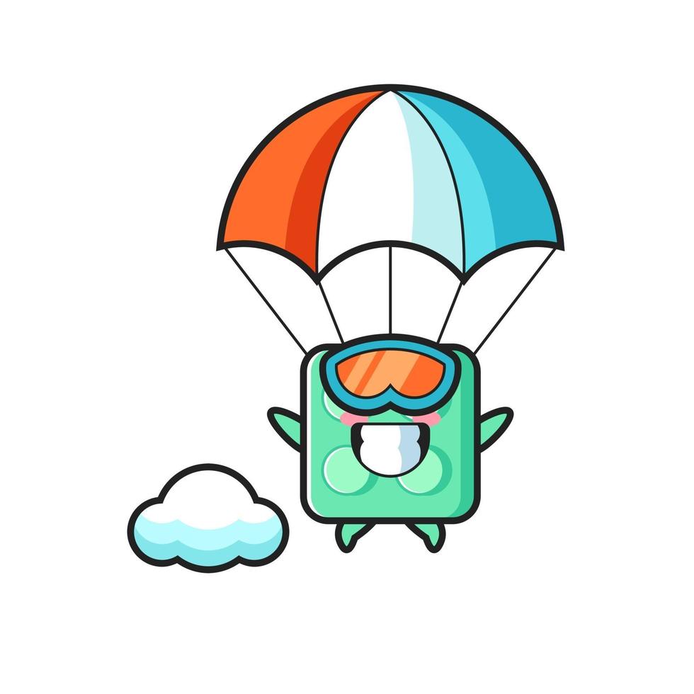 le dessin animé de mascotte de jouet de brique saute en parachute avec un geste heureux vecteur