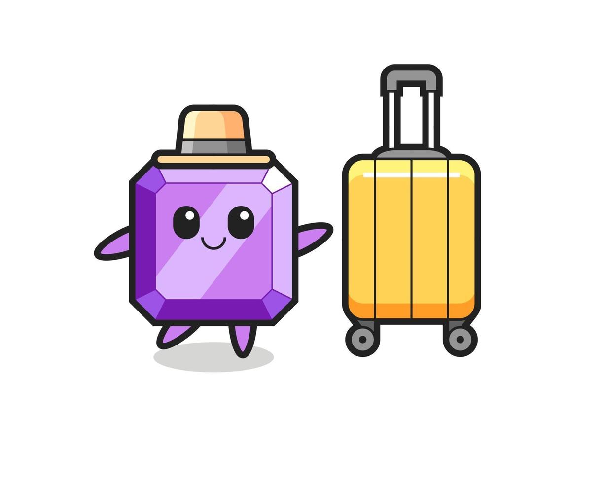 illustration de dessin animé de pierres précieuses violettes avec des bagages en vacances vecteur